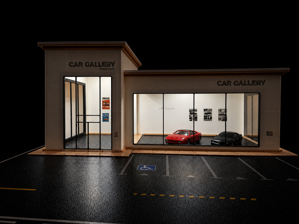 1:64 diecast car showroom with large panoramic windows and realistic interior
