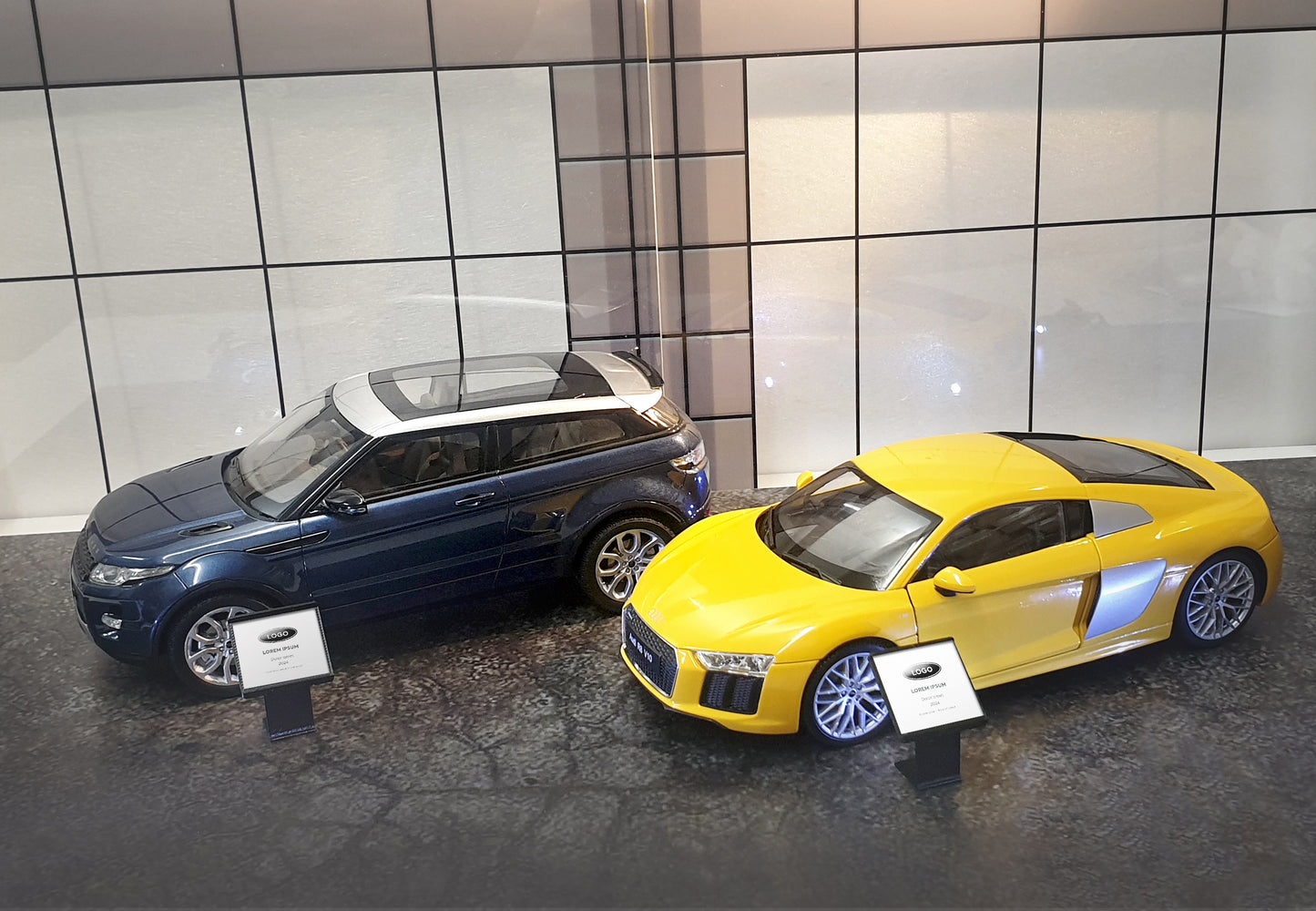 Car showroom information signs. Scale 1:18.