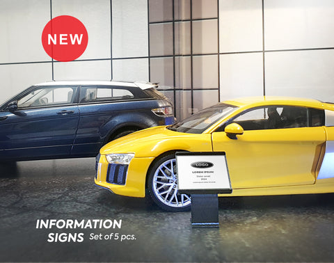 Car showroom information signs. Scale 1:18.