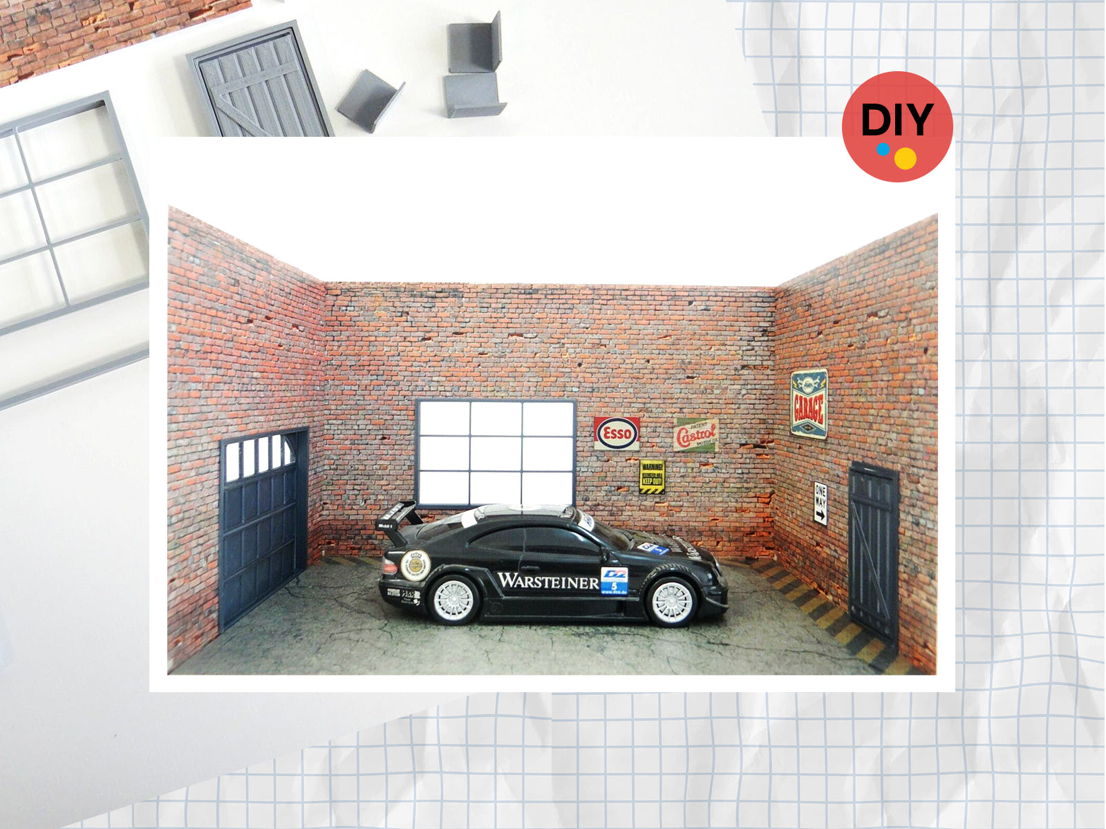 DIY Brick auto garage Scale 1:24 Diorama model kit Size 1:24 Miniature cars display