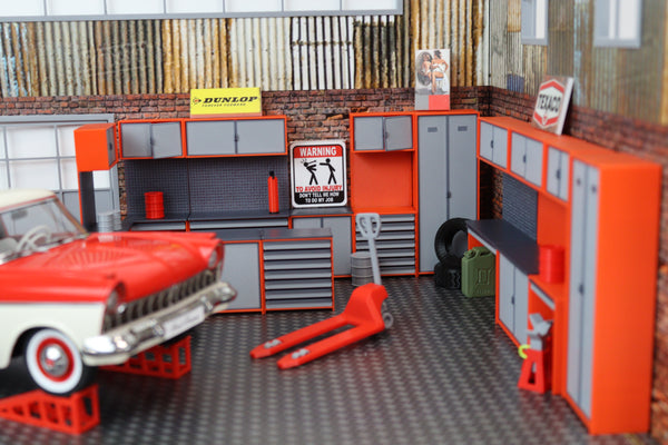Realistic 1:18 scale garage storage cabinet for workshop diorama setups