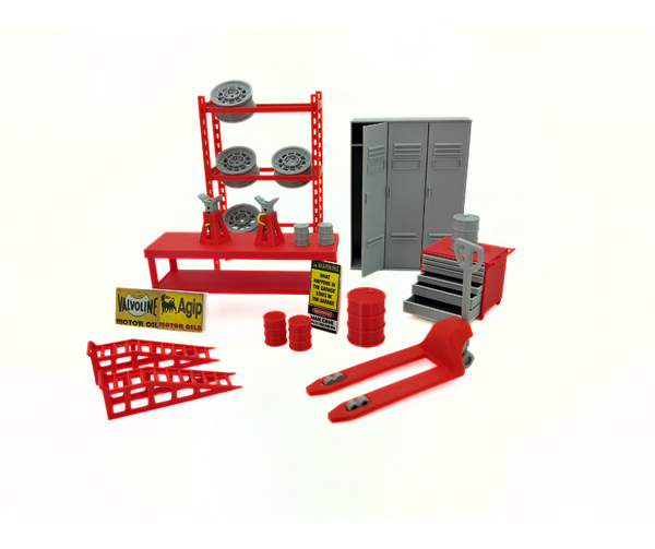 1:18 scale auto service garage accessories including pallet jack, car jacks, ramps, and rims.
