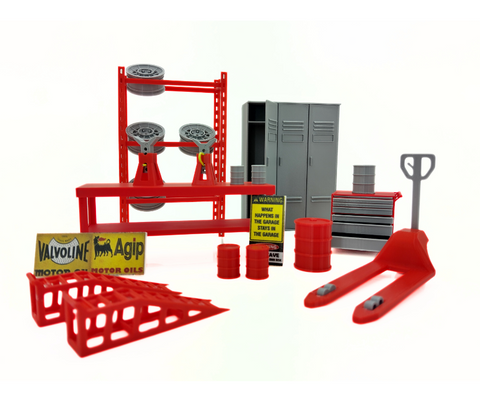 Large 1:18 scale garage equipment set with tire rack, locker shelf, toolbox, and work table.