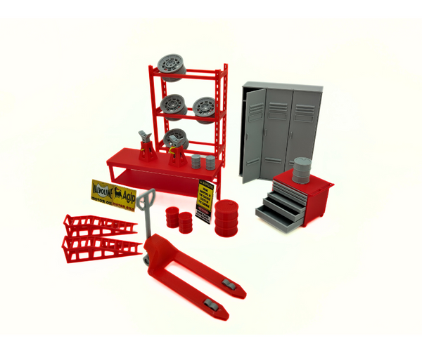 Complete 1:18 scale garage tools and furniture for model displays