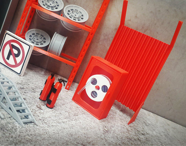 Service garage equipment with fire hose cabinet. Scale 1:18.