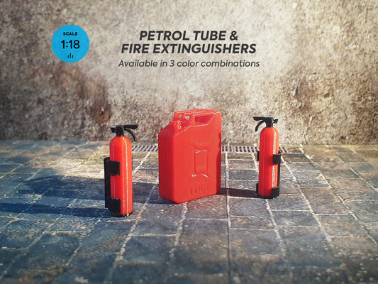 Fire extinguishers and petrol tube. Scale 1:18.