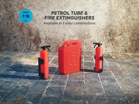Fire extinguishers and petrol tube. Scale 1:18.