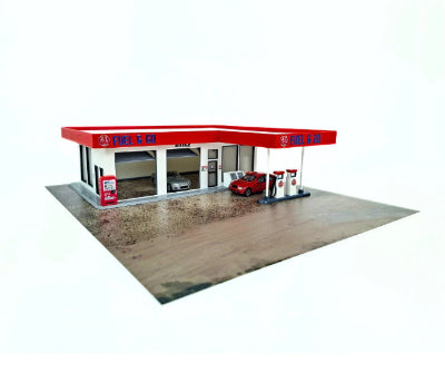 1:64 scale gas station diorama kit with fuel pumps and service garage