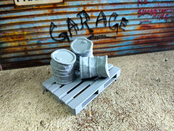 Crushed oil barrels with a pallet Scale 1:18 Petrol drums 1/18 Diorama parts