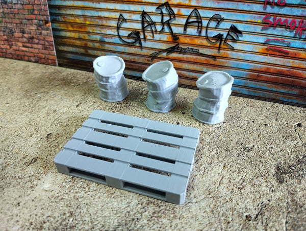 Crushed oil barrels with a pallet Scale 1:18 Petrol drums 1/18 Diorama parts