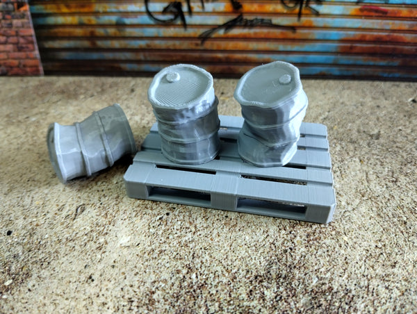 Crushed oil barrels with a pallet Scale 1:18 Petrol drums 1/18 Diorama parts