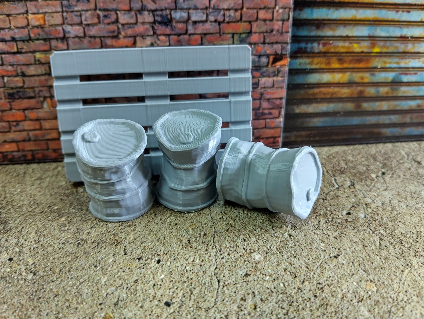 Crushed oil barrels with a pallet Scale 1:18 Petrol drums 1/18 Diorama parts