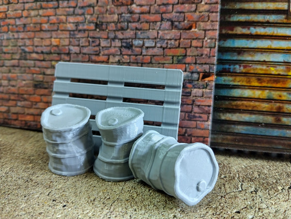 Crushed oil barrels with a pallet Scale 1:18 Petrol drums 1/18 Diorama parts