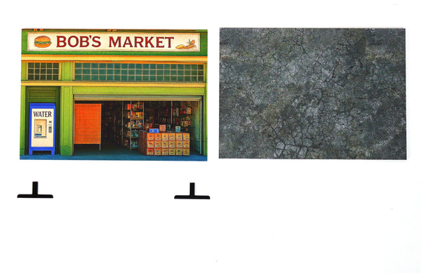 Animated storefront labeled 'Bob's Market' with a textured gray background