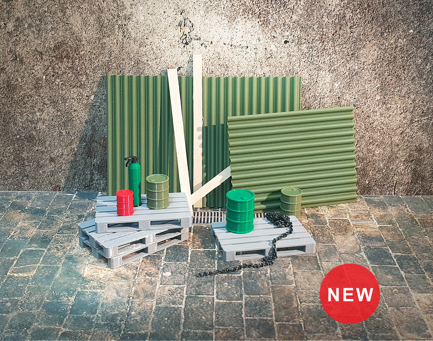 Miniature wooden-style pallets for 1:24 scale garage display