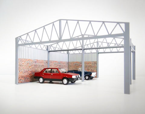 Metal, brick shed. Scale 1:43. Open parking lot.