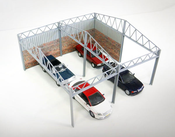 Metal, brick shed. Scale 1:43. Open parking lot.
