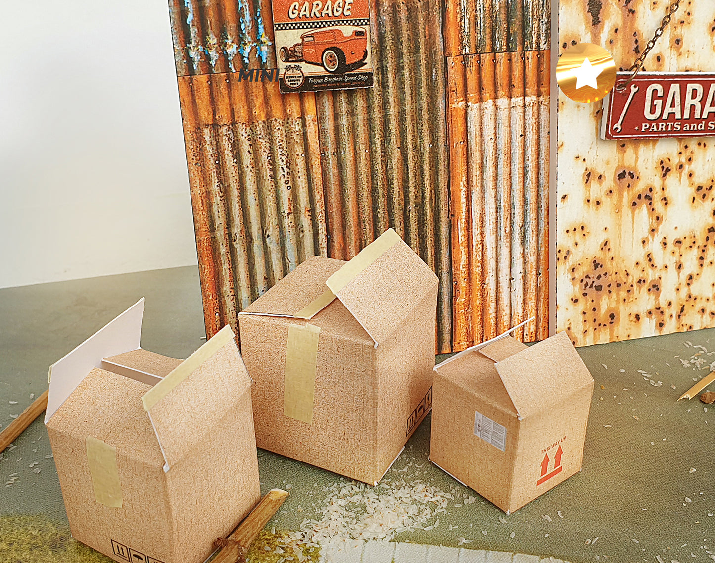 Diorama set of paper boxes/cartons. Scale 1:18, 1:24