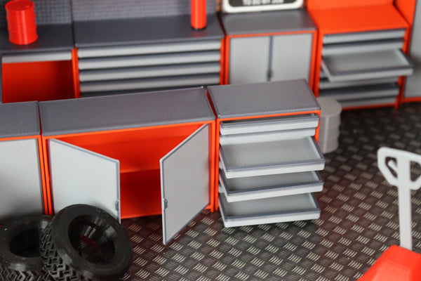 Modern style garage cabinets for 1:18 scale model car collections.