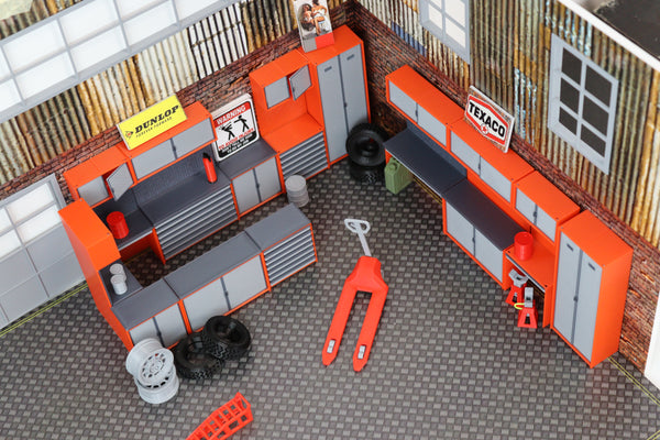 Garage diorama storage cabinets for model car collectors in 1:18 scale