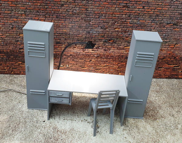 Set of office furniture with LED desk lamp. Scale 1:18