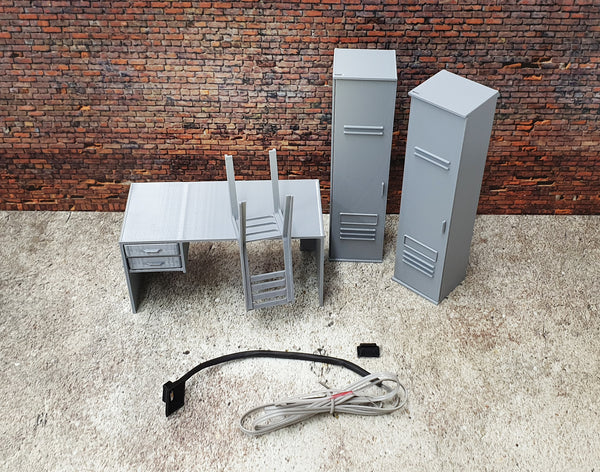 Set of office furniture with LED desk lamp. Scale 1:18