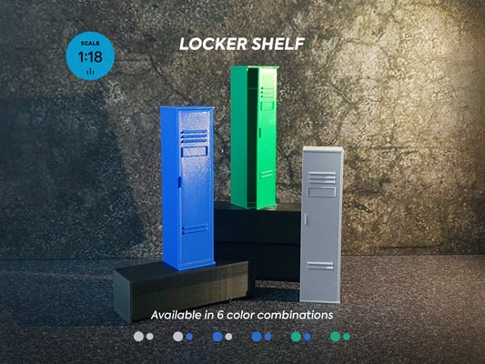 Three 1:18 scale locker shelves in blue, green, and gray, displayed against a dark background. Each shelf is mounted on a black base, and the text 'LOCKER SHELF 1:18 SCALE' is visible on the image.