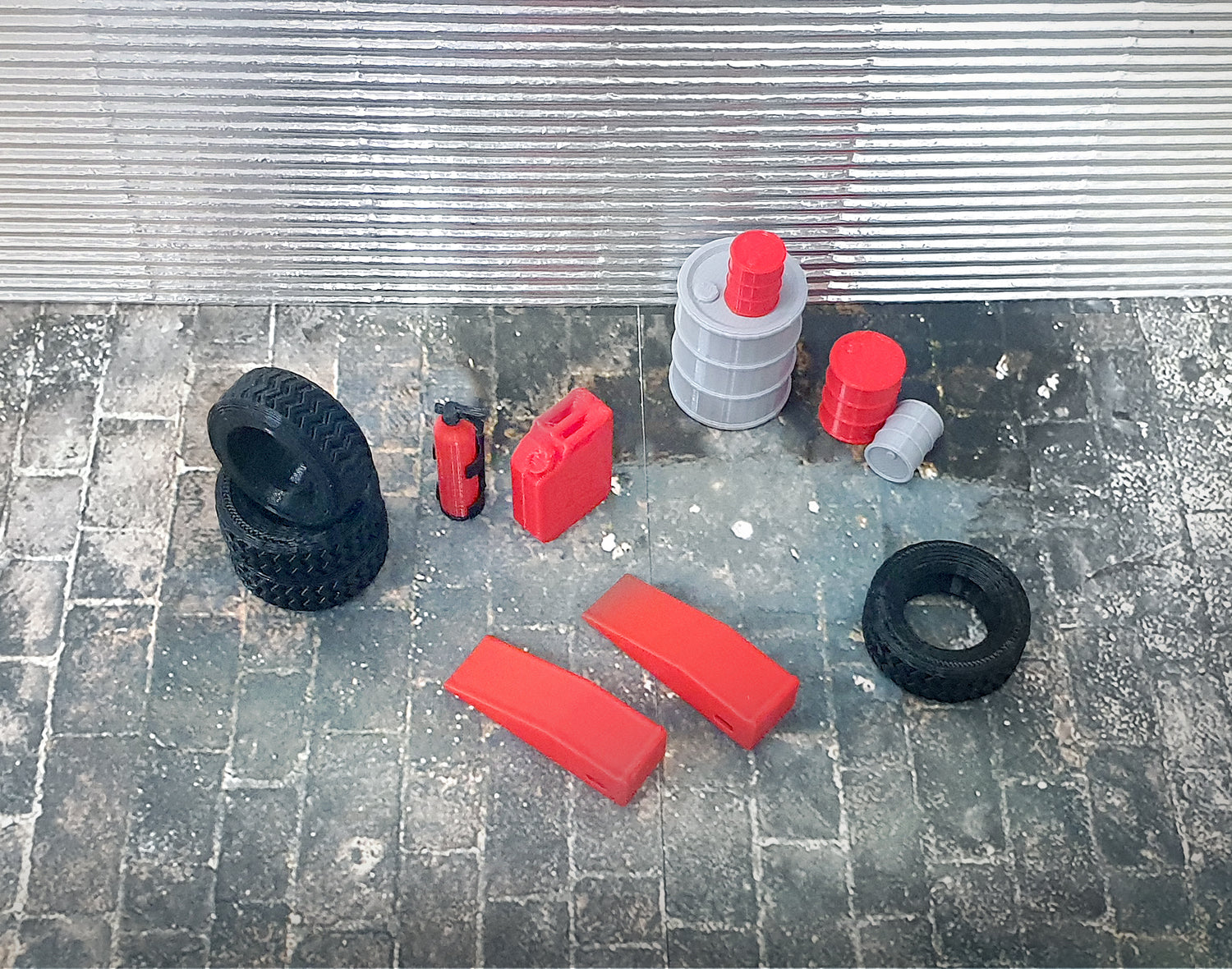 1:24 scale small garage tools diorama set with tires and barrels
