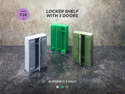 Miniature scale model of a locker shelf with 3 doors, available in different color combinations.