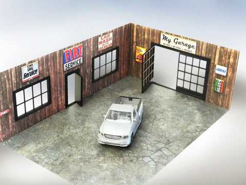 Wooden car garage with branding. Scale 1:43.