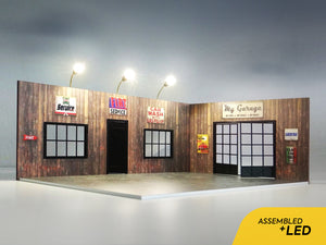 Wooden car garage with branding. Scale 1:18