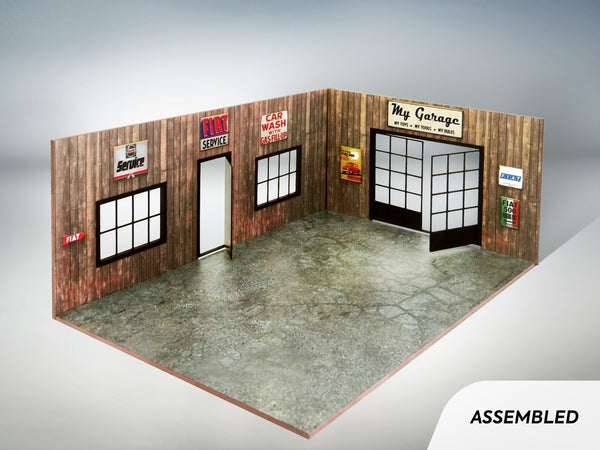 Wooden car garage with branding. Scale 1:18