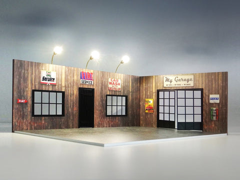 Wooden car garage with branding. Scale 1:18.
