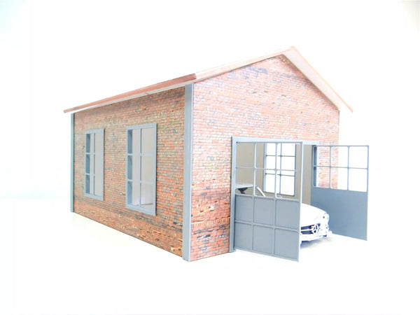 Small building with a white car inside on a white background
