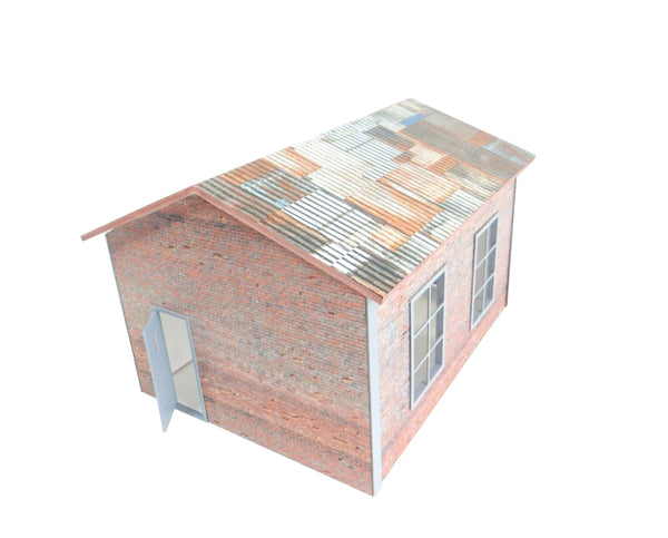 Back view of the 1:24 garage with corrugated metal-style roof panel