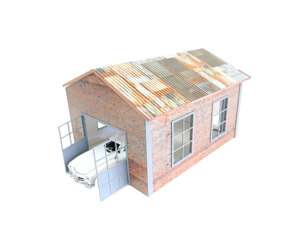 3D model of a small building with a car inside on a white background