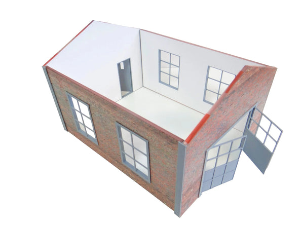 3D model of a small building with red brick exterior and white interior.