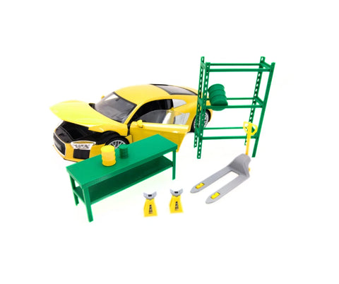 Toy car set with yellow car, green lift, and tools on a white background