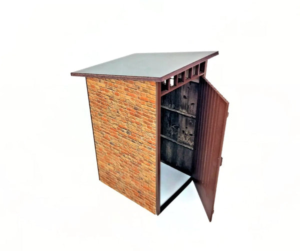 Small brick building with a door open, revealing shelves inside on a white background