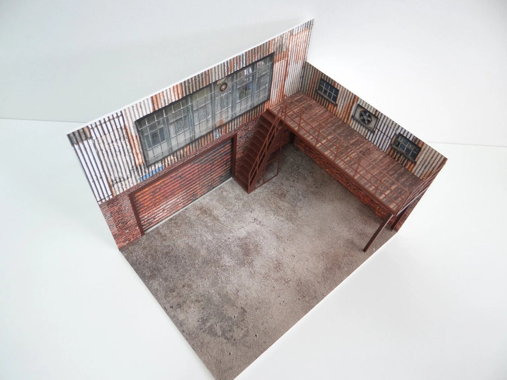 Old brick and metal sheet garage Model car display Diorama 1:18