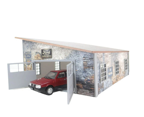1:43 scale vintage-style auto garage diorama front view