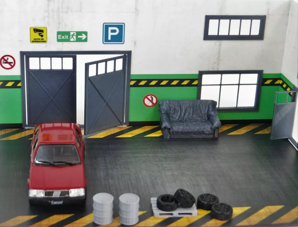 Garage display scene with furniture set