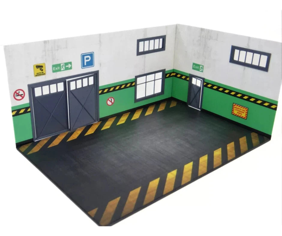 Interior view showing 3D-printed furniture and garage floor