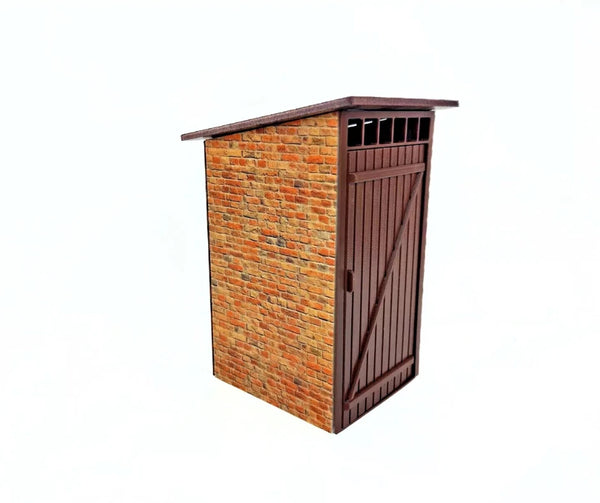 Small brick WC with a wooden door on a white background