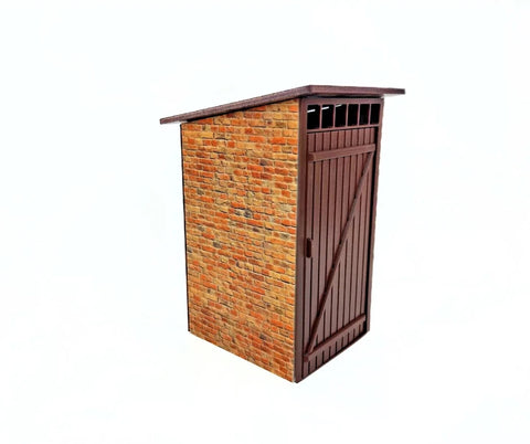 Small brick WC with a wooden door on a white background