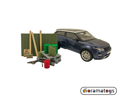 Model SUV with accessories on a white background, featuring the Diorama Toys brand.