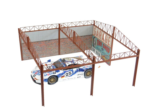 1:18 scale open shed garage diorama with parking area and roof details