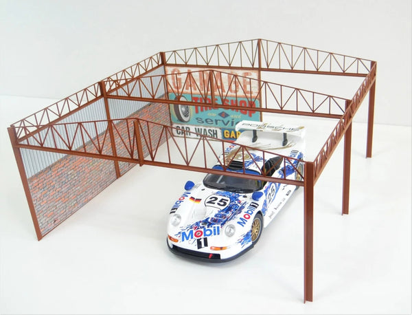 Model car garage interior with brick walls