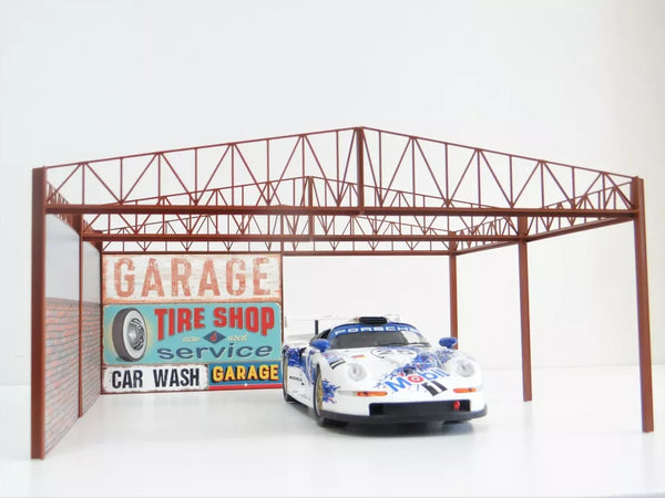 Model car garage with brick walls