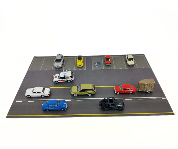 Model parking lot diorama for 1:43 scale cars with marked spaces and road lanes
